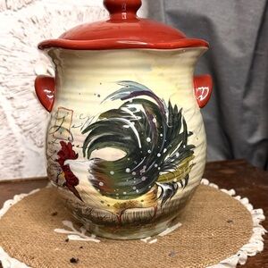 Hand-Painted Rooster Ceramic Canister - Red Lid farmhouse cookie jar